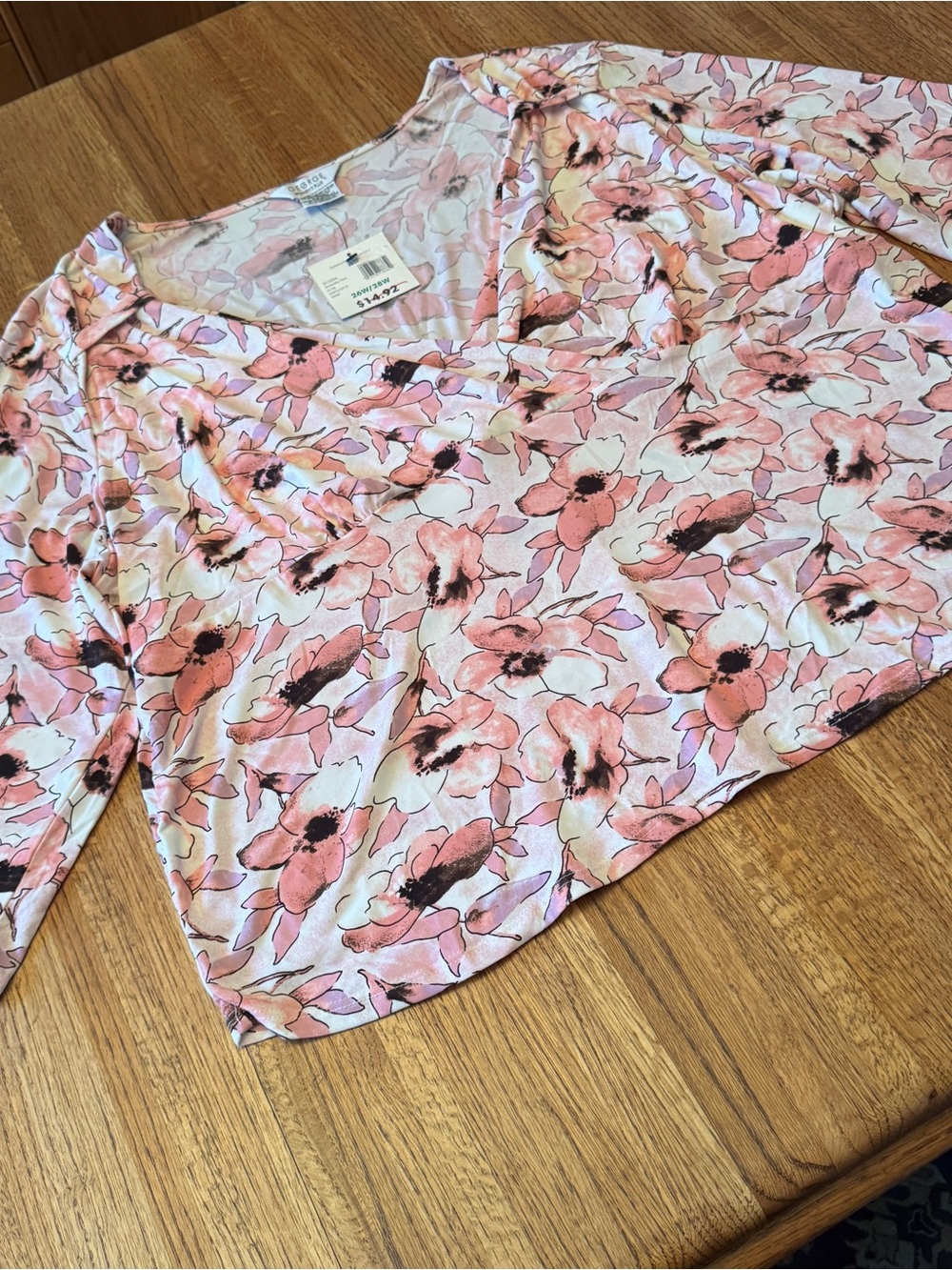 NWT George Women Plus 26W/28W Floral Wrap Top Pink Waterlilly 3/4 Sleeve Blouse
